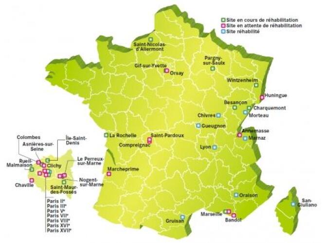 Carte de 43 sites français pollués par la radioactivité publiée mercredi 11 juillet par l'Andra.