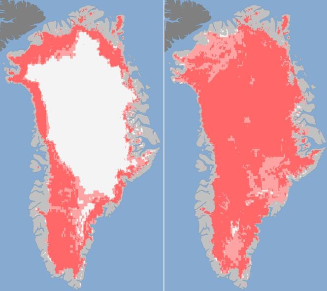 Sur ces images du Groenland issues des observations de 3 satellites de la NASA les 8 et 12 juillet, les zones où un satellite a détecté une fonte de glace sont marquées en rose pâle. Les 3 satellites ont fait la même observation sur celles marquées en rose foncé.