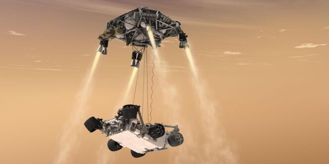 Représentation de la manoeuvre que devra faire Curiosity pendant sa descente sur mars.