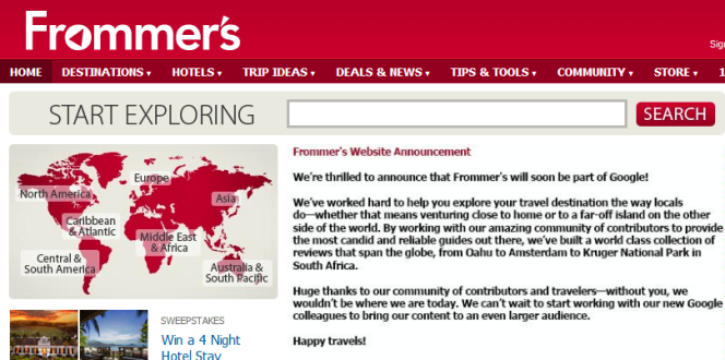 La page d'accueil du site de voyages Frommer's.