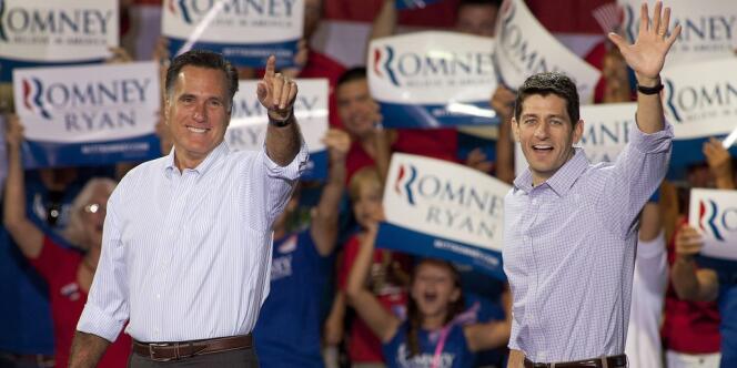 Mitt Romney et Paul Ryan, lors d'un meeting à  Mooresville, en Caroline du Nord, le 12 août 2012.
