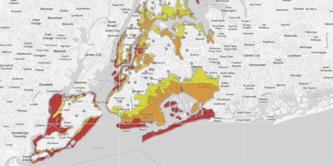 La carte des évacuations à New York réalisée par le site WNYC.org. En rouge, la zone concernée par les évacuations obligatoires.