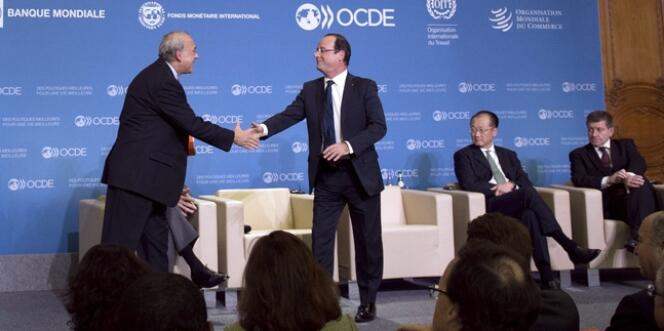 Le président de la République rencontrait, lundi 29 octobre à Paris, les dirigeants des cinq grandes organisations économiques internationales (OCDE, FMI, OMC, OIT, Banque mondiale). François Hollande à l'Elysée le 26 octobre 2012. 