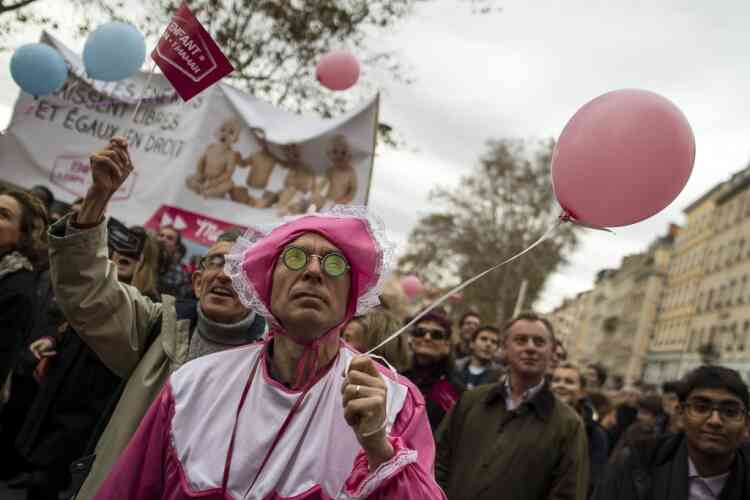 Demonstrators protest against French President Francois Hollande's plan to legalize marriage and adoption for gay people, in Lyon, central France, Saturday, Nov. 17, 2012. (AP Photo/Laurent Cipriani)