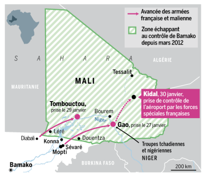 L'avancée des forces françaises et maliennes.
