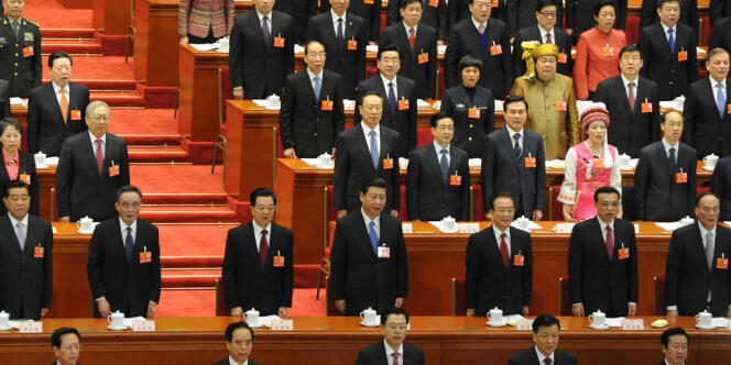 Les principaux dirigeants chinois lors de l'ouverture de la session de l'Assemblée nationale populaire, mardi 5 mars à Pékin.