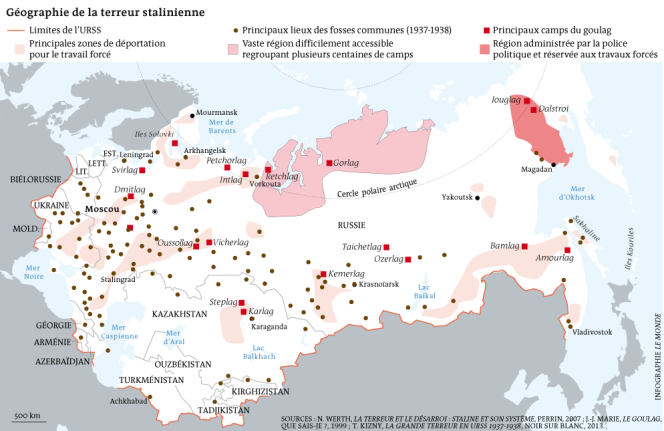 Carte situant les camps du goulag et les zones administrées par la police politique de Staline, ainsi que les emplacements des principales fosses communes connues de la Grande Terreur (1937-1938).