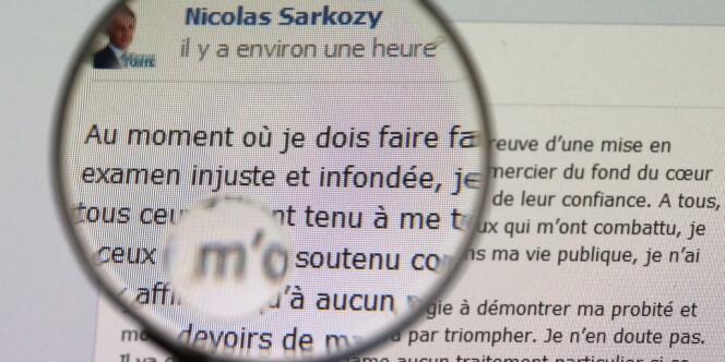 Nicolas Sarkozy s'est exprimé lundi 25 mars pour la première fois depuis sa mise en examen dans l'affaire Bettencourt avec un message posté sur sa page Facebook.
