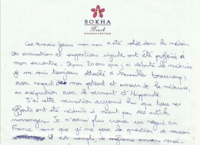 Un extrait de la lettre qu'a laissée le Dr Thierry Costa, et dont il a précisé qu'elle était publique.