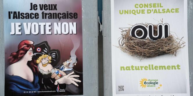 Affiches de campagne du Front national et d'Europe Ecologie-Les Verts, pour et contre le Conseil unique d'Alsace dont la création était soumise au référendum dimanche 7 avril. 