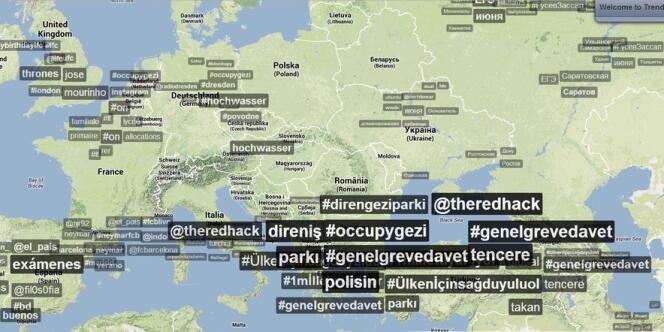Capture d'écran du site Trendsmap, le 3 juin au matin, qui montre l'importance des sujets postés sur Twitter depuis la Turquie concernant la contestation.
