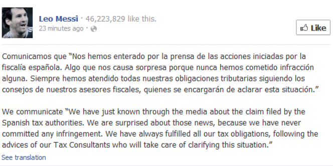 Le message paru sur la page Facebook de Leo Messi, après la divulgation d'une possible fraude fiscale du joueur. 