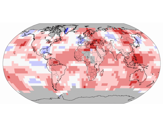 Températures de mai 2013 : des records de froid (bleu) au records de chaleur (rouge).