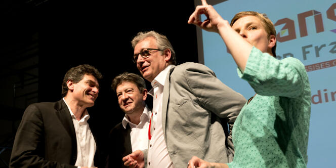 Pascal Durand (EELV), Jean-Luc Mélenchon (Parti de gauche), Pierre Laurent (Parti communiste) et Clémentine Autain (FASE) aux assises citoyennes, à Montreuil (Seine-Saint-Denis) le 16 juin.