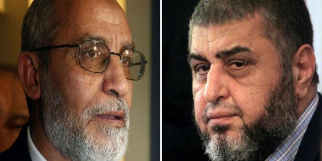 Le chef de file des Frères musulmans, Mohamed Badie (gauche), et son adjoint, Khairat Al-Chater.