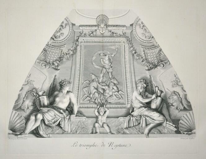 Le Triomphe de Neptune, l'une des estampes, réalisées à Paris en 1740 par Claude Duflos, d'après les trompe l'oeil du cabinet des bains,  pour illustrer  l'ouvrage de Bernard Picart : Les peintures de Charles Le Brun et d'Eustache Le Sueur, pour la maison du président Lambert.