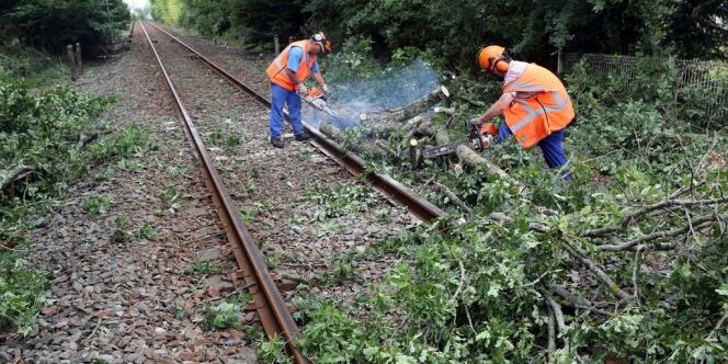 Des agents de la SNCF mobilisés pour dégager les voies ferrées près de Pauillac, samedi 27 juillet.