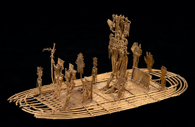 Sorte d'embarcation en or, avec un chef de tribu entouré de personnages. Musée de l'or, à Bogota (Colombie).