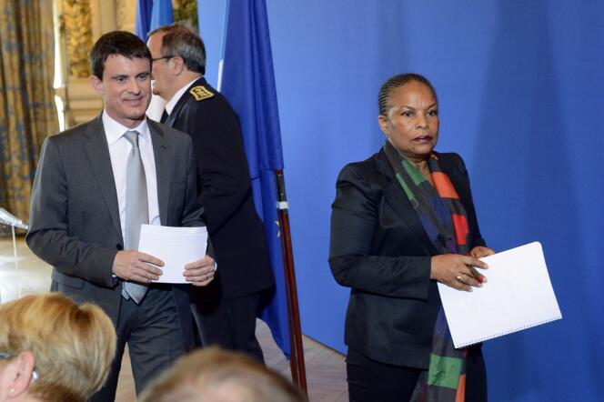 Manuel Valls et Christiane Taubira, lors d'une conférence de presse à Lyon le 13 mai.