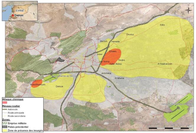 Carte de l'attaque chimique du 21 août à Damas, établie par les services de renseignement français.
