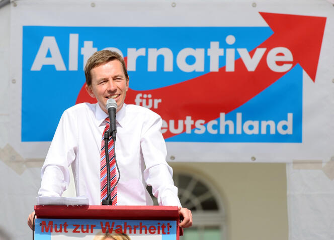 Bernd Lucke, cofondateur du parti eurosceptique allemand AfD, lors d'un meeting électoral le 25 août.