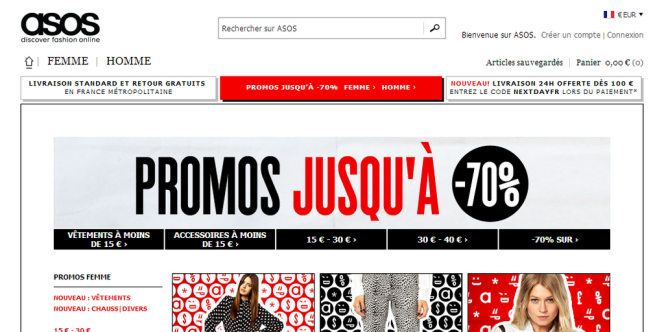 Capture d'écran du portail française de vente en ligne Asos. 