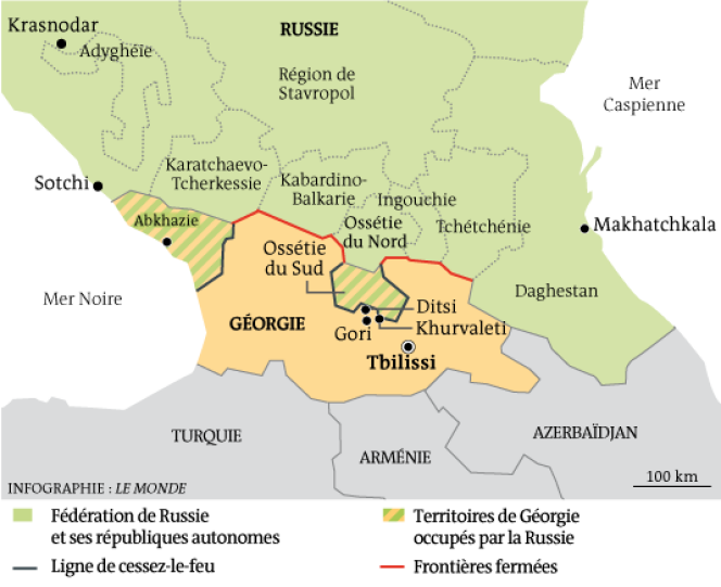 La Géorgie et ses provinces séparatistes, l'Ossétie du Sud et l'Abkhazie.