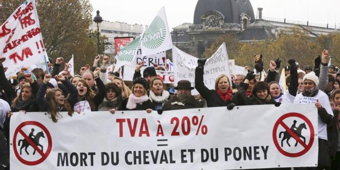 Dimanche 24 novembre, chevaux et poneys sont venus manifester avec leur propriétaire à Paris contre l'instauration d'une TVA à 20% contre 7% aujourd'hui.