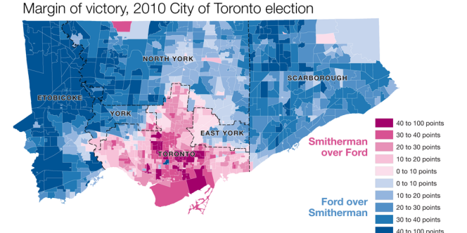 Répartition des votes entre Rob Ford (en bleu) et George Smitherman (en rouge), lors de l'élection municipale de 2010 à Toronto. 