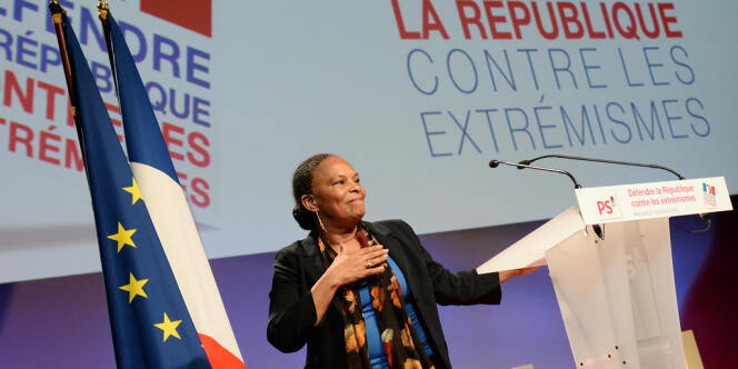 La ministre de la justice Christiane Taubira pendant le meeting socialiste contre les extrémismes, le 27 novembre à Paris.