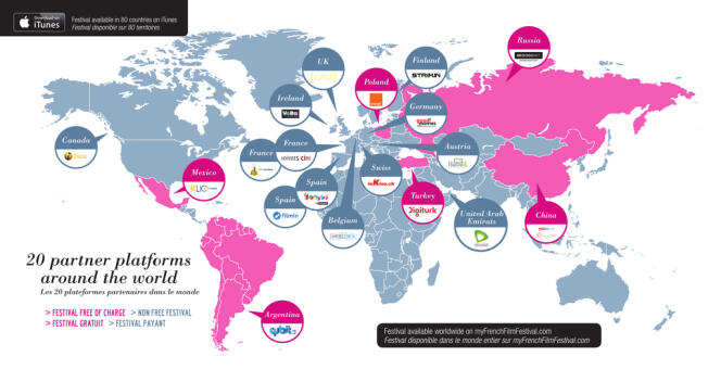 La carte de la diffusion mondiale de MyFrenchFilmFestival.