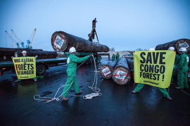 Des militants de Greenpeace dénoncent la présence de bois illégal en provenance de République démocratique du Congo sur le port de Caen mercredi 8 janvier 2014.