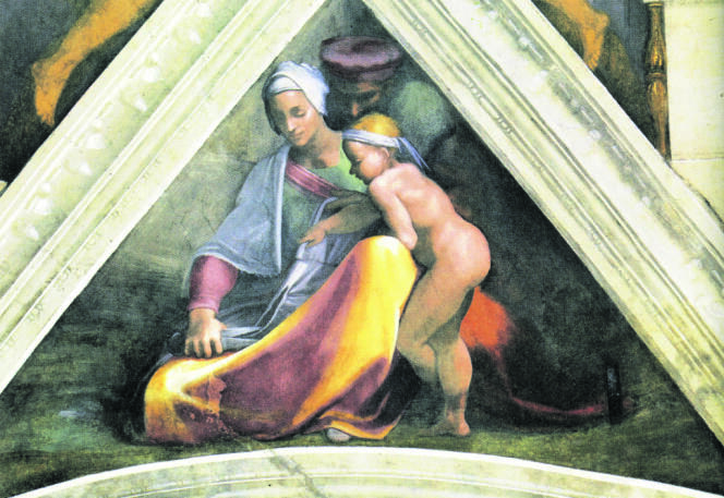 Femme découpant un vêtement : une allusion aux interdits qui pesaient sur les juifs dans la Rome de Michel-Ange.