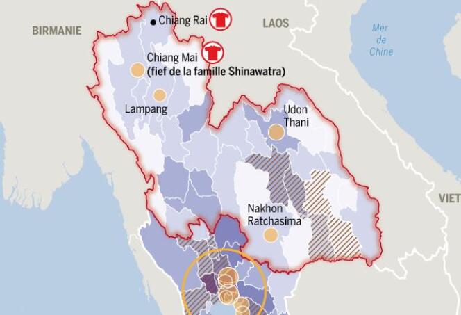 Cartographie des divisions sociales et politiques thaïlandaises. Dans le Nord et le Nord-Est, les partisans du gouvernement, à Bangkok et dans le Sud, les opposants.