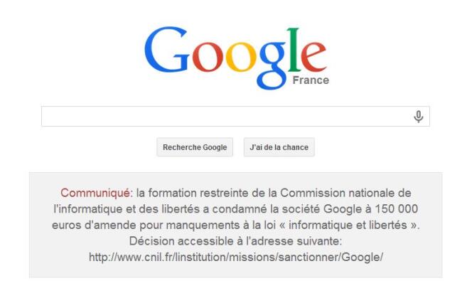 La page d'accueil de Google France et le communiqué sur la condamnation de la CNIL, le 8 février.