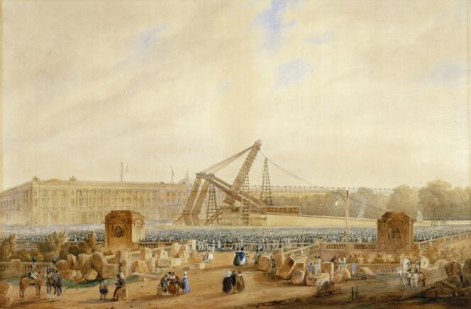 Erection de l'obélisque de Louxor à Paris, le 25 octobre 1836. Aquarelle de Cayrac (1837).