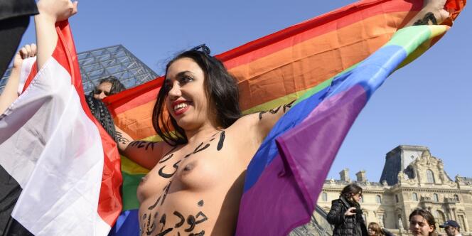 Sept femmes, qui se présentent comme des militantes du monde arabe et musulman, ont manifesté nues samedi devant la pyramide du Louvre à Paris.