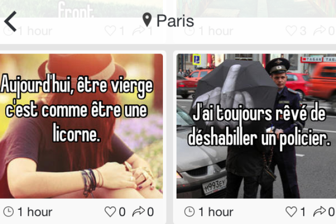 Exemple de messages Whisper postés à Paris, le 14 avril. 