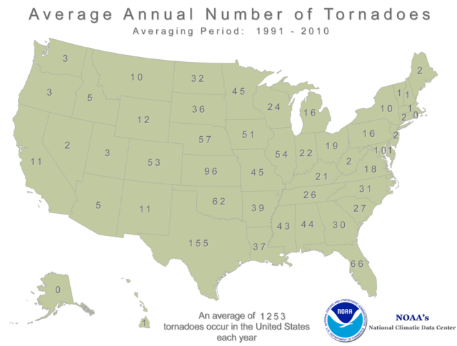 Moyenne de tornades par Etat et par an aux Etats-Unis entre 1991 et 2010.