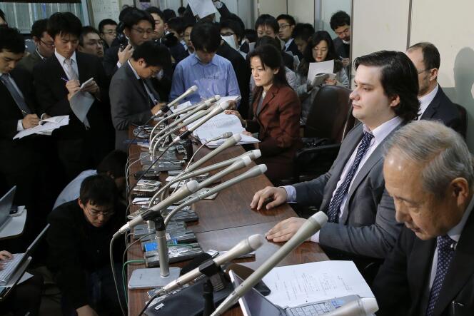 Mark Karpeles, le PDG de MtGox, lors d'une conférence de presse à Tokyo le 28 février.