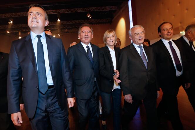 Jean-Christophe Lagarde, Francois Bayrou, Marielle de Sarnez, Jean Arthuis et Yves Jégo à La Plaine-Saint-Denis (Seine-Saint-Denis) le 18 mai.
