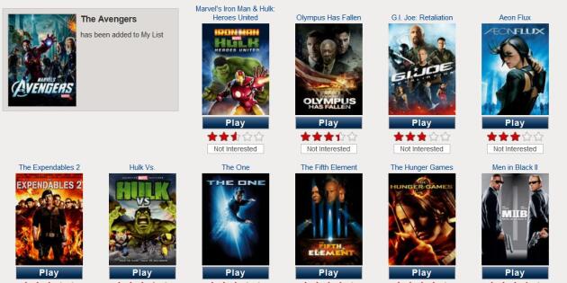 Le menu de recommandation de Netflix, s'affichant lorsqu'on ajoute un film à sa liste.