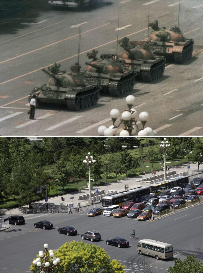 Comparaison de la place Tiananmen le 5 juin 1989, et le 27 mai 2014.