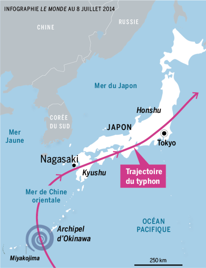 Le typhon devrait traverser la quasi-intégralité du Japon du sud au nord et d'ouest en est sur l'ensemble de la semaine, du 8 au 12 juillet 2014.
