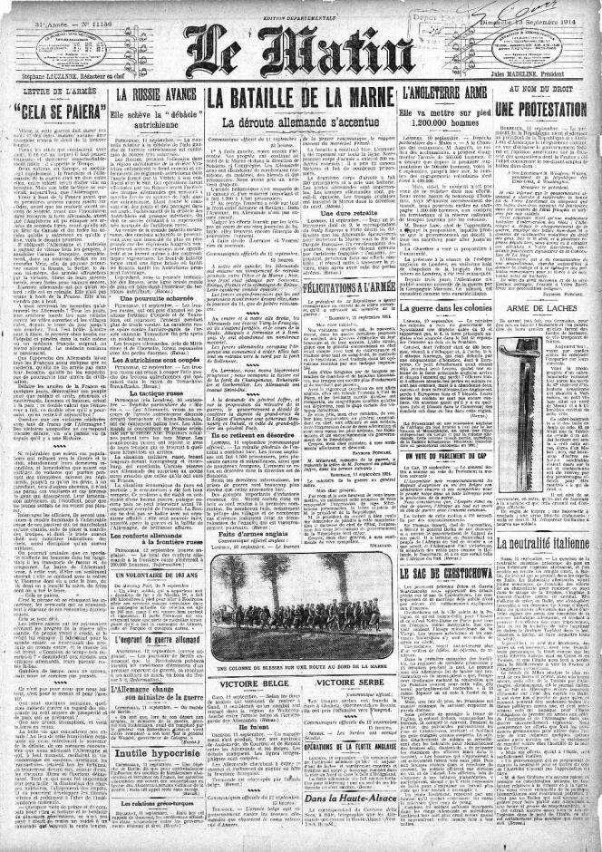 Une du Matin du 13 septembre 1914. Le journal accentue l'impression de victoire en effectuant un parallèle avec le front de l'est de l'Europe où les autrichiens viennent d'être battus pas les russes. 