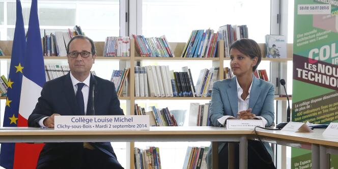 Le président de la République, François Hollande, et la ministre de l'éducation, Najat Vallaud-Belkacem, à Clichy-sous-Bois, le 2 septembre. 
