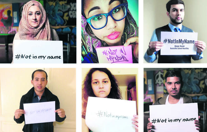 Photographies postées sur Twitter de participants à la campagne anti-islamistes « Not in my name » (« pas en mon nom »).