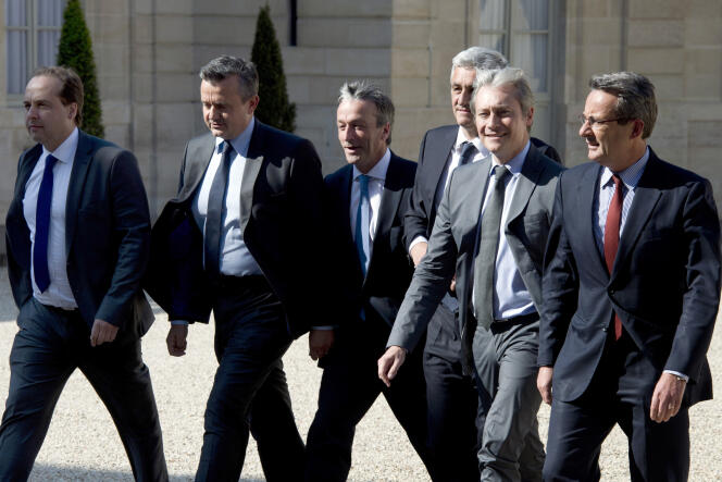 Jean-Christophe Lagarde,  Yves Jego, Philippe Vigier, Hervé Morin, Laurent Hénart, et Jean-Christophe Fromantin, à l’Elysée, en mai 2014.