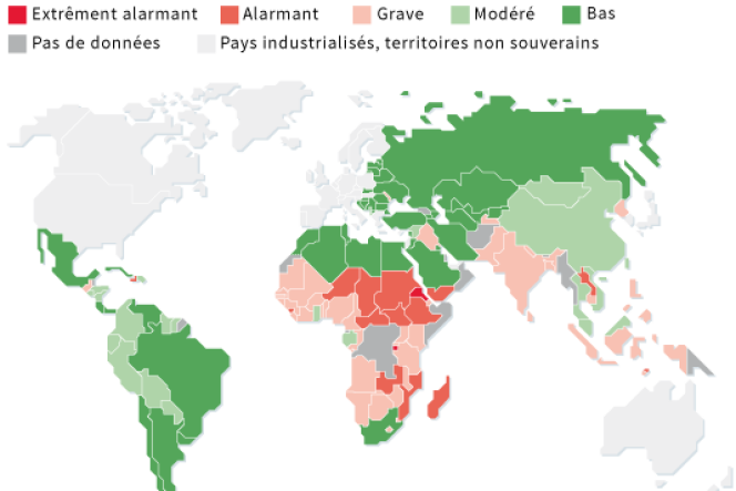 Indice de la faim dans le monde en 2014 par degré de sévérité.