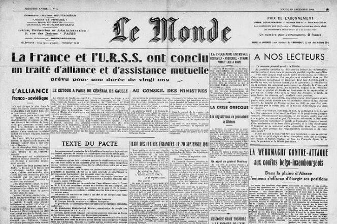 Le premier numéro du journal Le Monde, daté du 19 décembre 1944